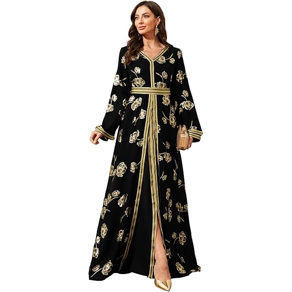 Amazon.com: Abaowedding Elegant Black Muslim Robe, Gold Embroidered Trim,  Long Sleeve Maxi Dress (A-Black, XS) : Clothing, Shoes & Jewelry