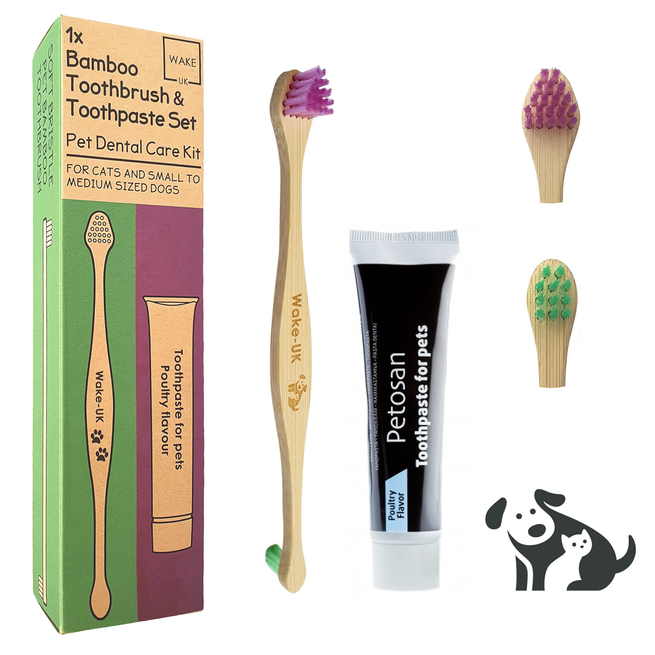 Pet Dental Care Kit for Small - Medium Size Pets, Double Head Bamboo Toothbrush & PETOSAN Poultry Flavour Toothpaste, Eco Friendly Soft Bristle for Healthy Teeth & Gums - Remove Plaque