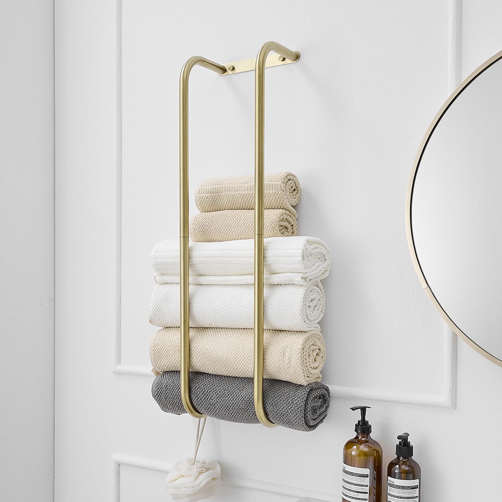 Photo 1 of BWE Brushed Gold Towel Racks for Bathroom, Wall Mounted Towel Rack for Rolled Towels, Bathroom Towel Storage, Stainless Steel Vertical Towel Holder, Bathroom Organizer