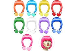 PLULON 9 Pcs Colorful Short Bob Wig and 9 Pcs Sunglass Set Neon Colored Wigs Cosplay Wigs Daily Party Hairpieces for Bachelorette Glow in The Dark Neon Party Favors Halloween Costume Supplies