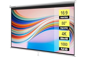 VIVOHOME 80 Inch 16:9 Pull Down Projector Screen, HD 4K Retractable Movie Screen for Indoor Home Theater and Office, Manual P