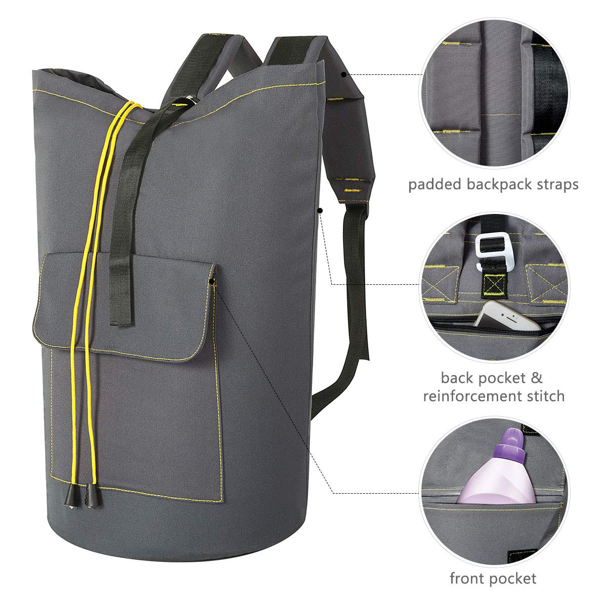 WOWLIVE Large Laundry Bag Laundry Backpack Hanging Laundry Hamper Adjustable Shoulder Straps Camping Bag Waterproof Durable Travel Collage Apartment Dorm Sports (Expandable to 30\'\',Grey)