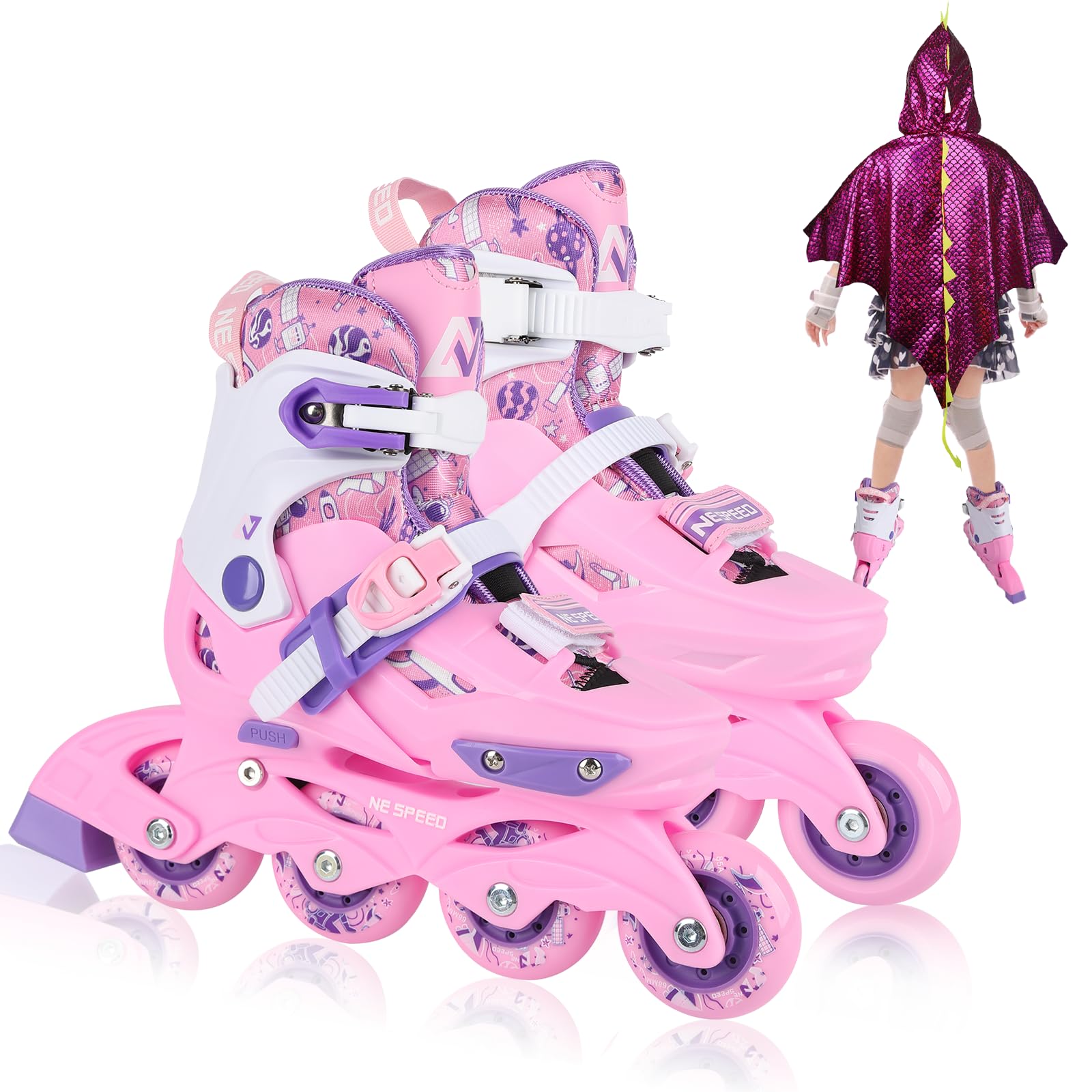VEZLOPUS Inline Skates with Dragon-Wings-Cloak Pink, 4 Sizes Adjustable Inline Skates Blades for Boys and Girls Youth, High Performance Indoor Outdoor Skates