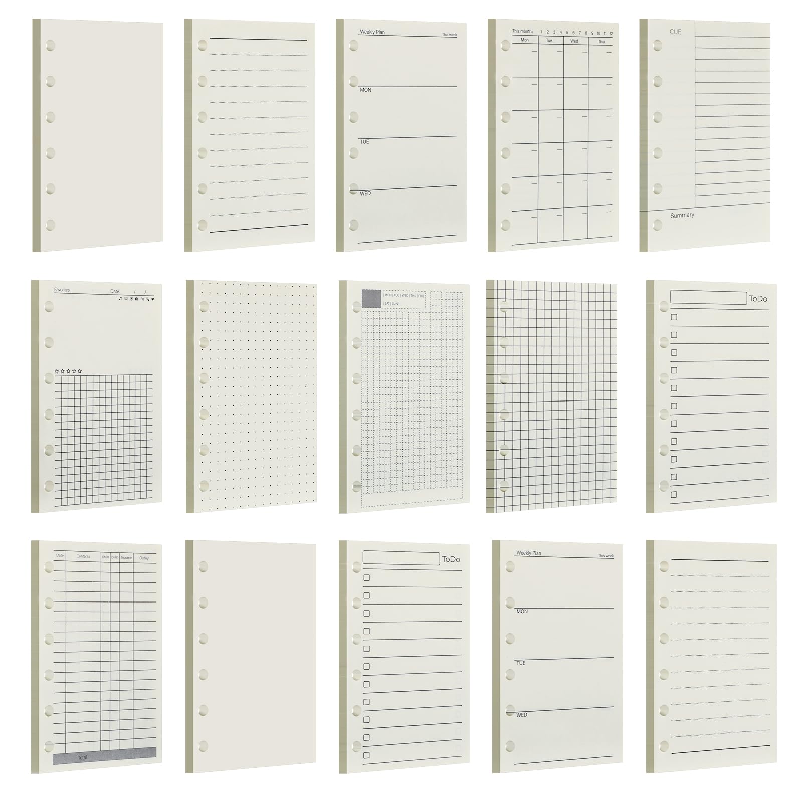 Photo 1 of Tosstuki 15 Pcs A7 Planner Inserts A7 Agenda Binder Refill for 6 Holes 4.84 x 3.23'' Pocket Punched Filler Paper Notebook for Undated Daily, Weekly, Monthly Refillable Binder Journal