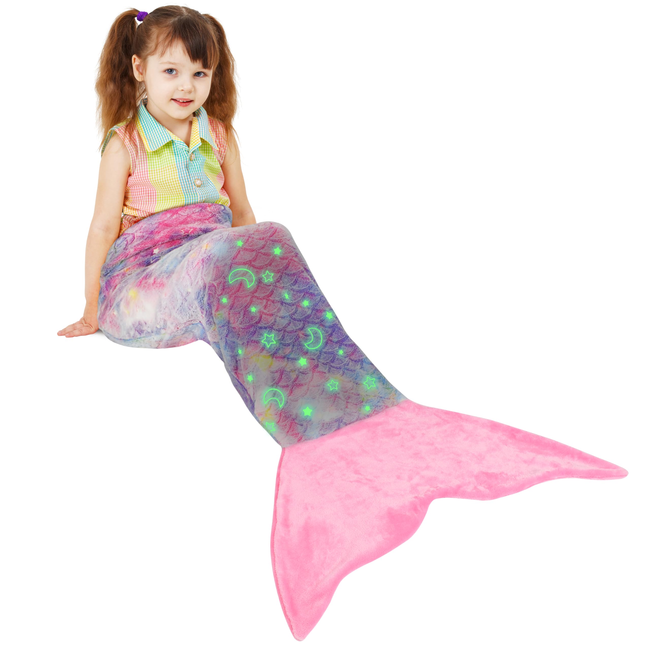 Catalonia Classy Glow in the Dark Mermaids Tail Blanket, Soft Warm Plush Fleece Sleeping Bag Cuddly Blanket, 155 x 50 cm Fish Scale Pattern, Starry Sky