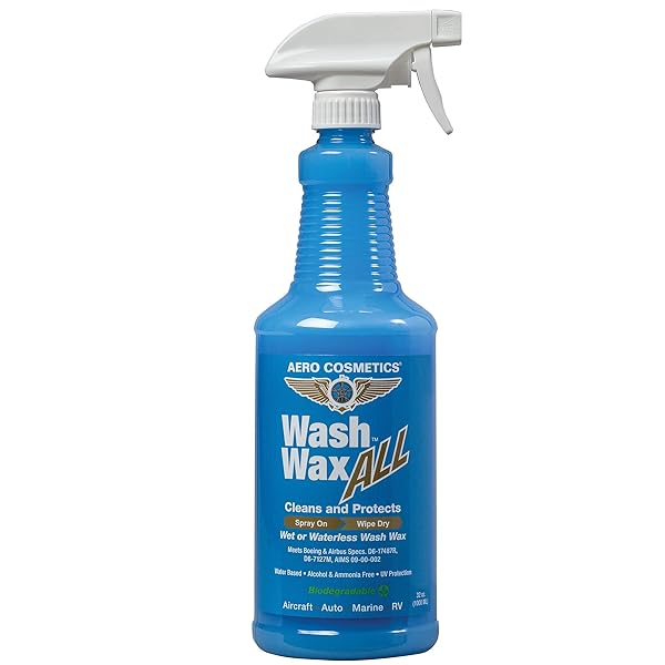 WET OR WATERLESS CAR WASH WAX 32 FL. OZ, UV PROTECTION. CLEANS, PROTECTS, AND SHINES. AIRCRAFT QUALITY JUST SPRAY ON AND WIPE DRY ANYWHERE, ANYTIME, HOME, OFFICE, SCHOOL, GARAGE, PARKING LOTS.