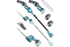 SEESII 6-in-1 Cordless Pole Saw & Hedge Trimmer Combo, Electric Mini Chainsaw with 2×4.0 Ah Batteries, Extendable Tree Pruner, Bush Trimmer Limb Branch Cutter, Grass Shears, 15Ft Long Reach