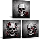 Artsbay Skull with Red Rose Wall Art, Gothic Style, bathroom art funnny skeleton picture for Home Living Room Decor