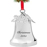 FKOG Silver 2025 Christmas Bell & Sleigh Bell Ornament with Angel Wings Wedding Anniversary Newlywed Married Memories Decoration Gifts (2025 Christmas Bell and Sleigh Bell)