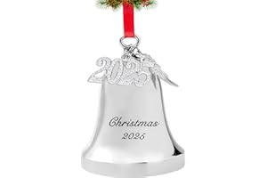 FKOG Silver 2025 Christmas Bell & Sleigh Bell Ornament with Angel Wings Wedding Anniversary Newlywed Married Memories Decoration Gifts (2025 Christmas Bell and Sleigh Bell)