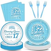96Pcs Dancing Queen 17th Birthday Party Supplies Young and Sweet Only 17 Birthday Paper Plates Napkins Disposable Dancing Queen Disco Dinnerware for Party Bachelorette Decoration Serve 24