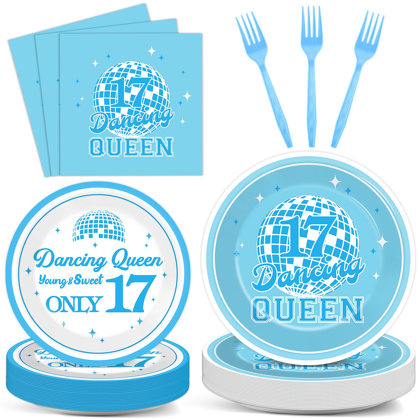 Photo 1 of 96Pcs Dancing Queen 17th Birthday Party Supplies Young and Sweet Only 17 Birthday Paper Plates Napkins Disposable Dancing Queen Disco Dinnerware for Party Bachelorette Decoration Serve 24