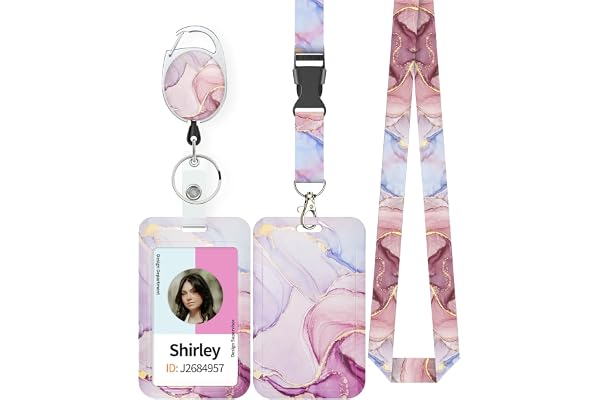 Pawfly Marbling Sliding Badge Holder Pink Marble Pattern Plastic Card Holder with Retractable Badge Reel Carabiner Detachable