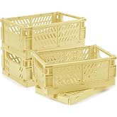 HOYA PONYOO 4 Pcs Collapsible Storage Crates, 10x5.9x4 inches Space-Saving Folding Containers, Stackable Plastic Boxes for Home Kitchen Office Bedroom Bathroom, Beige