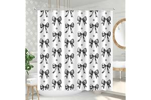AamAccess Black Bow Shower Curtain Set, Cute Modern Girl Bathroom Aesthetic Polyester Cloth Fabric Bath Curtain Decor with Hooks 72x72 Inches