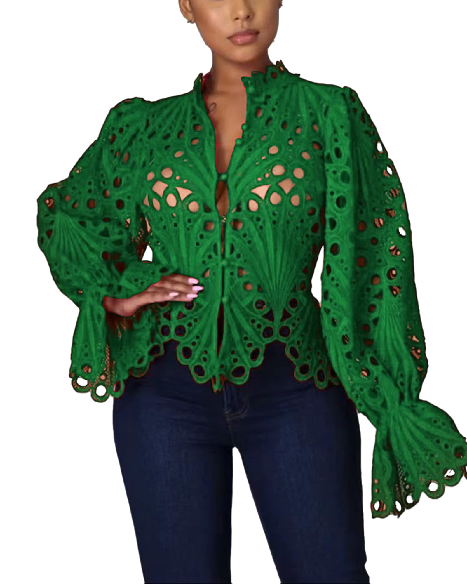 Photo 1 of Doweha Women‘s Summer Sexy Ruffle Long Sleeve Going Out Lace Tops 2025 Spring Cute Blouse Trendy Party Date Night Outfit Shirts Green L