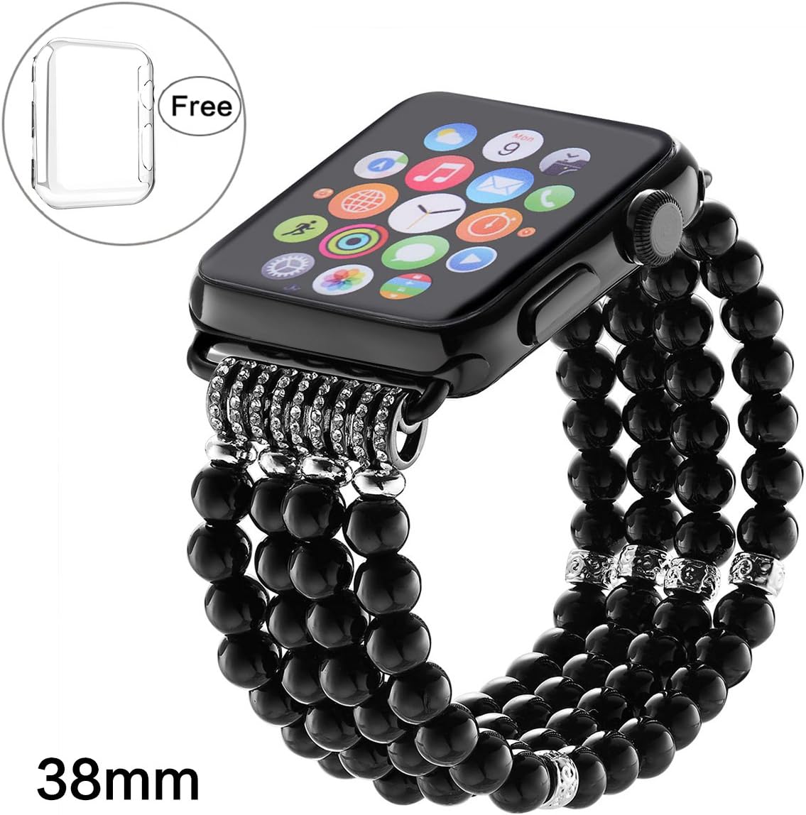 Pintaik for Apple Watch Band 38mm 42mm, 2018 New Fashion Crystal Beaded Elastic Bracelet Women Girl Bands and Case for Iwatch Series 3/2/1 Luxury Bling Watch Strap and Case Gift Idea