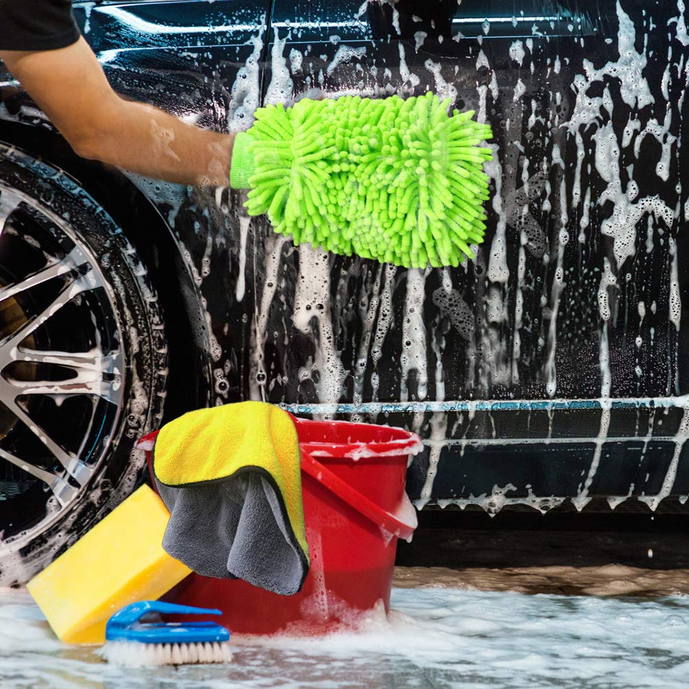 Oladwolf Mikrofasertücher zur Autopflege,2 Stück Mikrofaser Poliertuch + 1 Auto Waschhandschuh,Extrem saugstark und Weicher Auto-Trockentuch zum Auto Lackpflege,Waschen,Putzen und Polieren 45x38cm