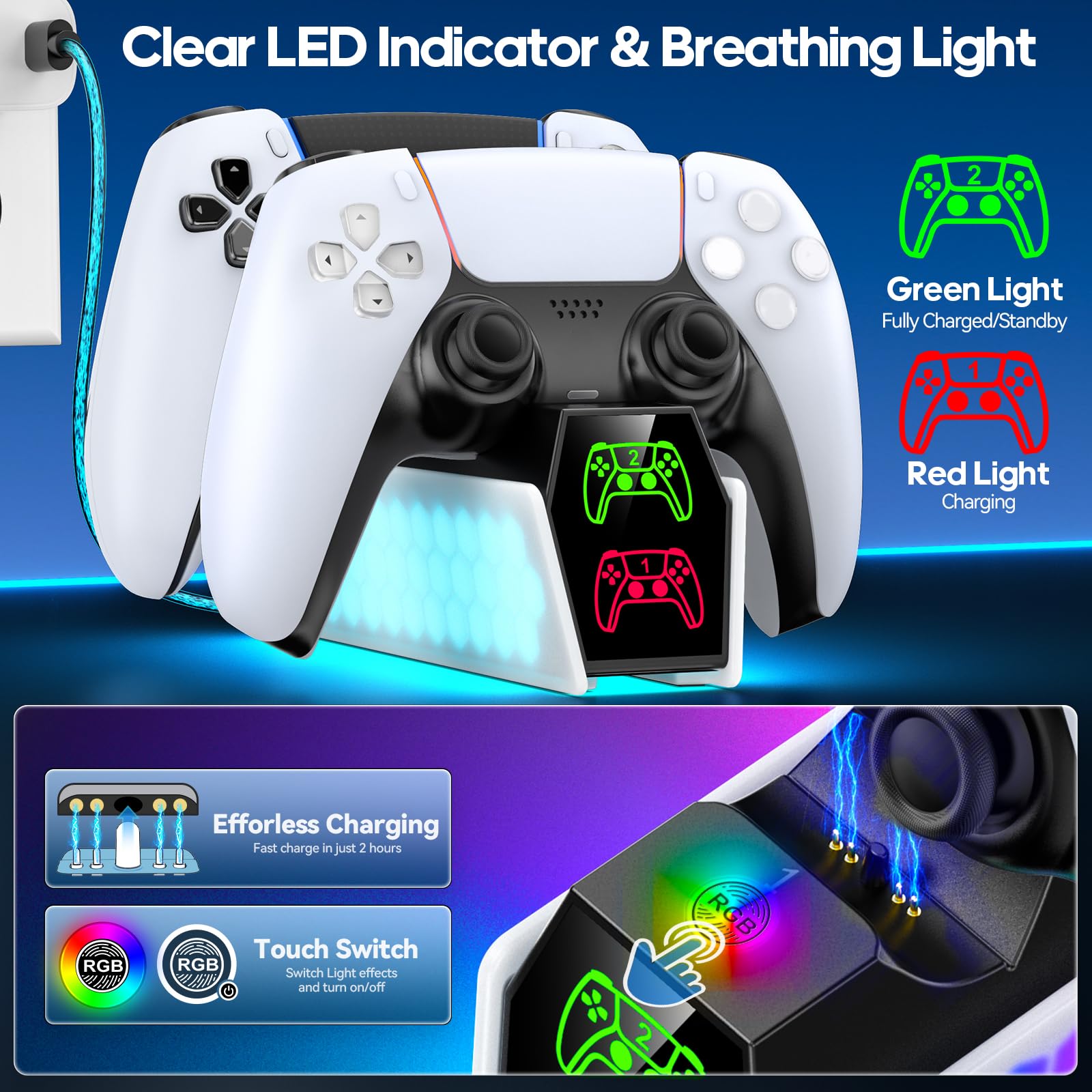 PS5 Controller Charger Station Compatible with Original & Edge Controllers, PS5 Charging Station Docking with RGB Light & LED Indicator for PlayStation Game