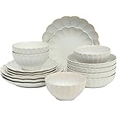 Gibson Elite Malibu Shore 16 Piece Scallop Stoneware Reactive Glaze (Service for 4) Ceramic Plates and Bowls Dinnerware Set - Shiny Cream White