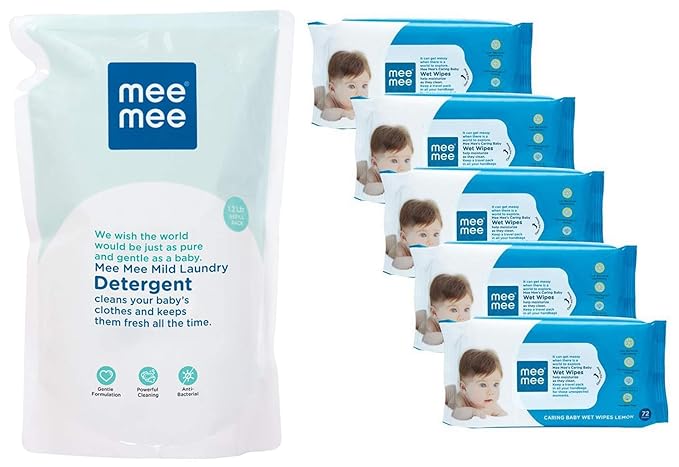 Mee Mee Mild Baby Liquid Laundry Detergent Refill Pack, 1.2L & Caring Baby Wet Wipes, Lemon Fragrance, 72 Pieces (Pack of 5) Combo