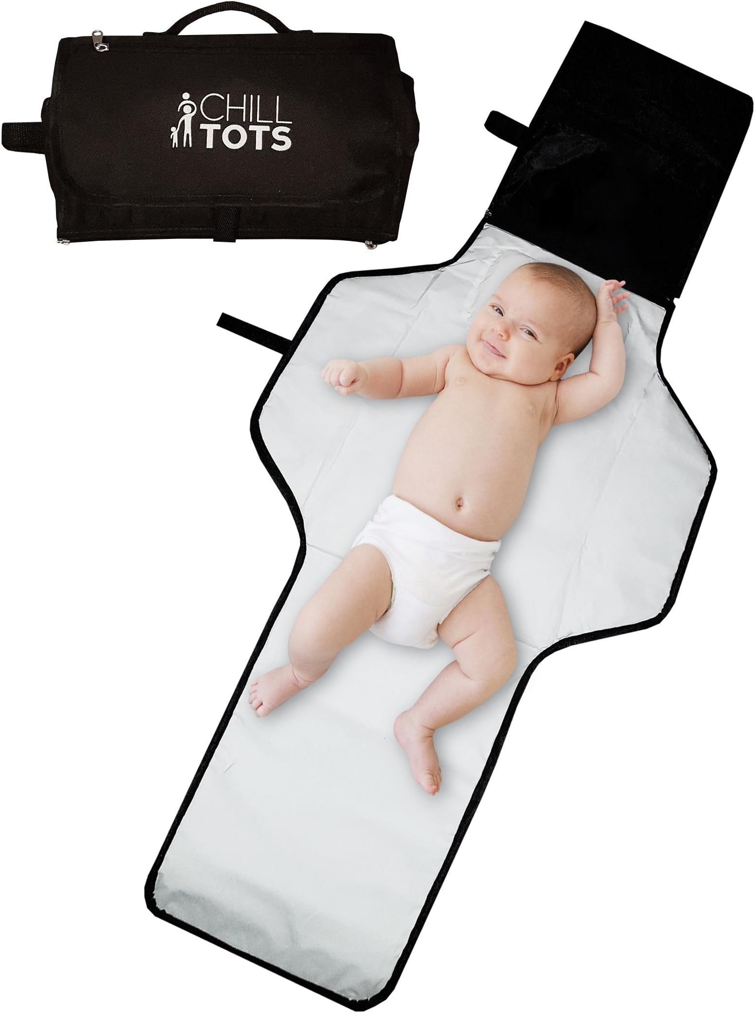 Chill Tots - Portable Baby Changing Mat Extra Large Travel Matt Foldable Bag Extra Comfy and Compact for Toddlers Premium quality Pram and Stroller Strap โ Black