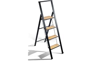 Step Ladder 4 step folding, decorative - Beautiful Bamboo & Black Aluminum, Ultra Slim Profile, Anti Slip Steps, Sturdy-Portable for Home, Office, Kitchen, Photography Use,by SORFEY