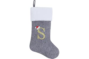 Chisander 20 Inches Grey with White Super Soft Plush Christmas Stockings Personalized Embroidered Monogrammed Xmas Stocking Hanging Ornaments for Family Holiday Xmas Party Decorations（Letter S）