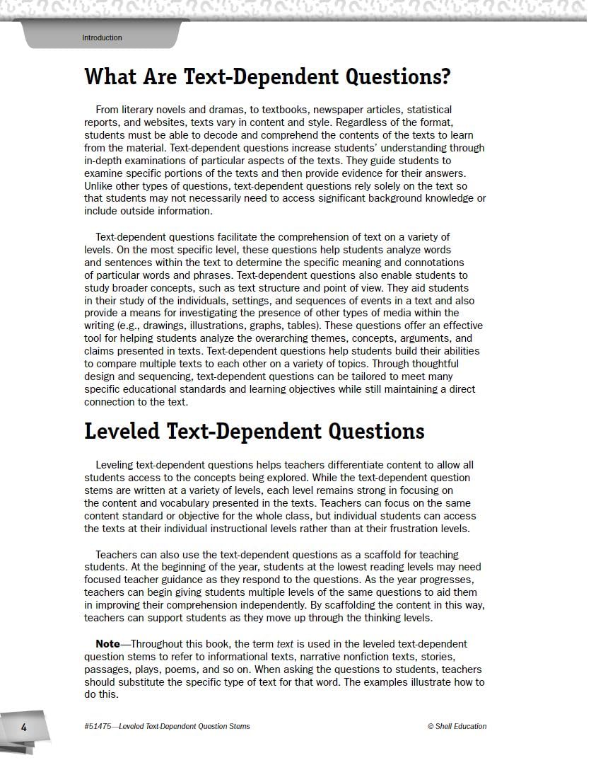 Leveled Text - Dependent Question Stems (Classroom Resources) for Grades K - 12