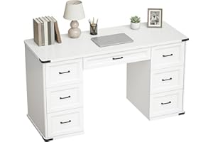 HOMCOM 55" Farmhouse Executive Desk, Computer Desk with Drawers, Study Table for Home Office, Bedroom, White Wood Grain