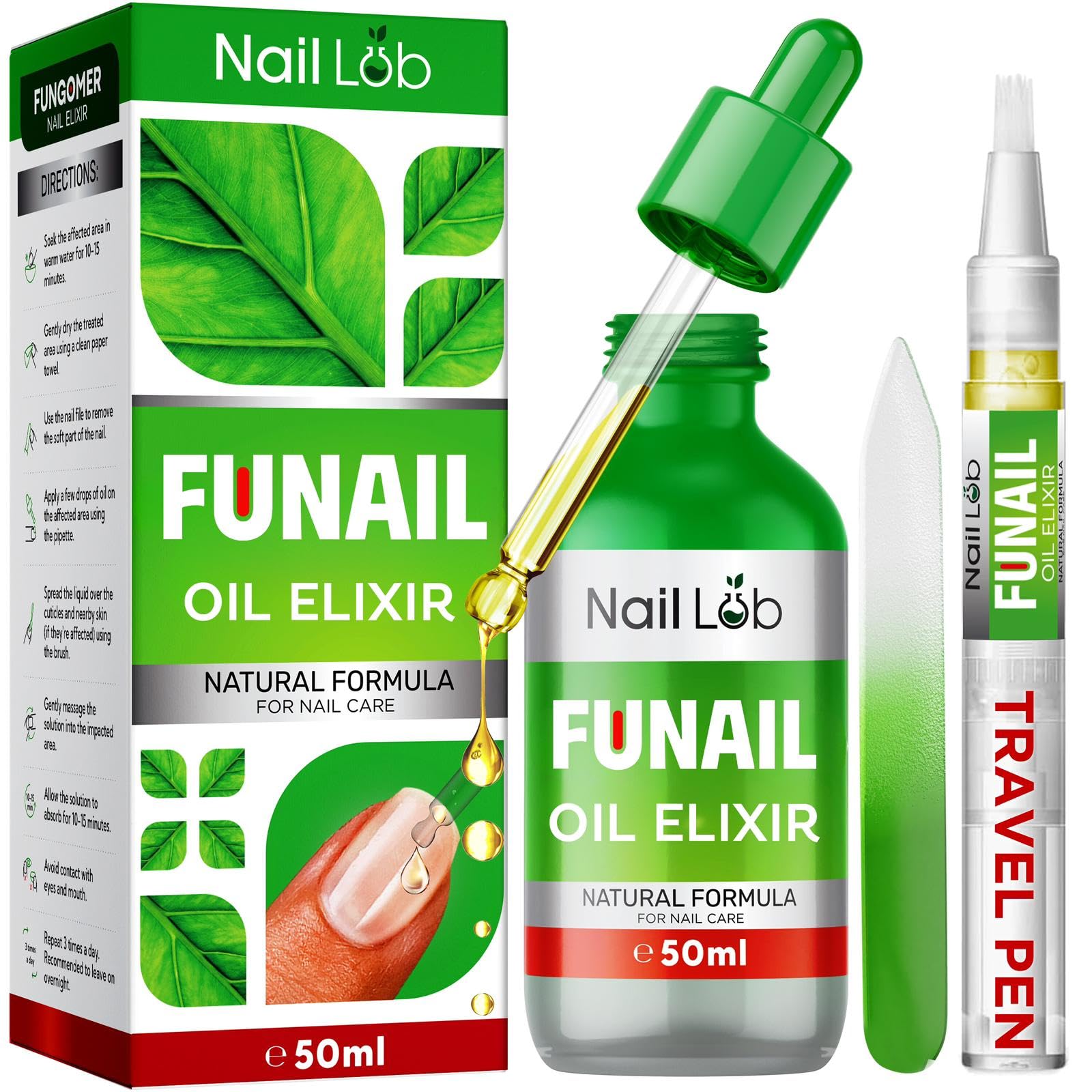 NAIL LAB Premium Fu Nail Elixir for Toenails - 50 ml | Includes 3 ml Pen & File | Extra Strong Nail Care Strengthener | Contains Tea Tree Oil | Repair Damaged Nails & Cuticles | Anti-Fungus Supplies
