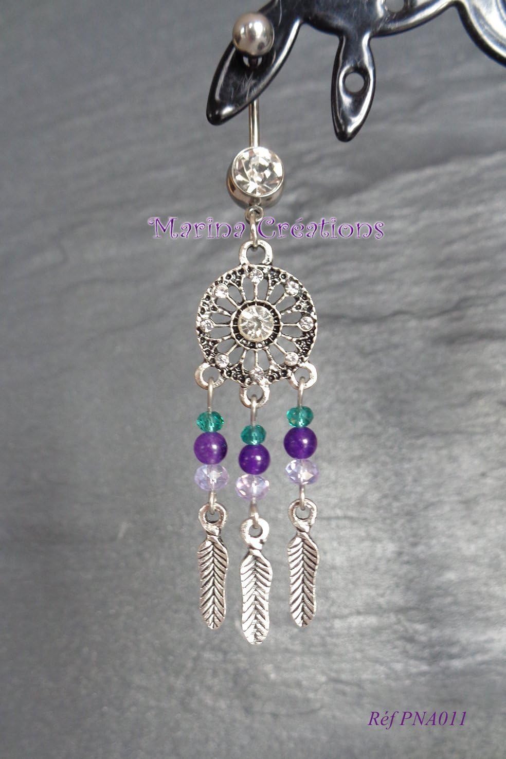 Stainless steel 316L Belly button piercing Dreamcatcher, peacock green turquoise and light purple swarovski, violet jade, bar length 12mm