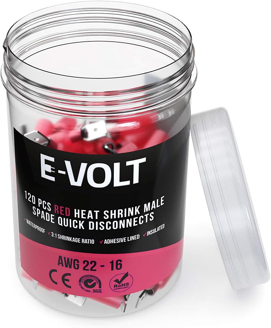E-VOLT Male Spade Crimp Connectors– 120 PC Red Quick Disconnect 3:1 Heat Shrink Ratio Insulated 22-16 AWG Wire Connecting Terminals – Industrial Grade Automotive, Audio and Marine Crimp Connectors : Sports & Outdoors