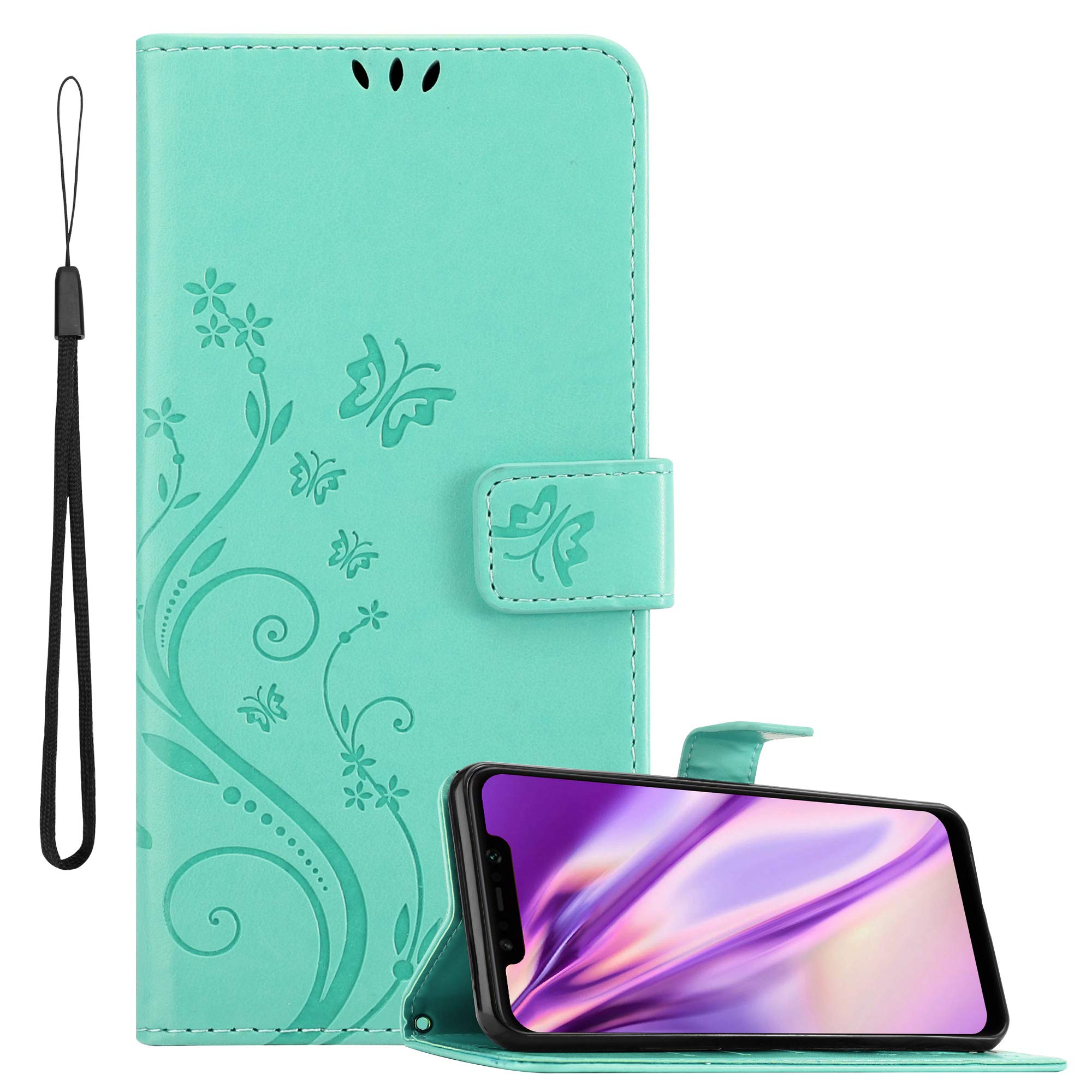 cadorabo Book Case works with Xiaomi Pocophone F1 in FLORAL TURQUOISE – Cover in Flower Design with Magnetic Closure, Stand Function and 3 Card Slots - Wallet Etui Pouch PU Leather Flip