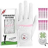 Amy Sport Womens Golf Glove 1 Pack with 2 Ball Marker & 1 Hat Clip & 10 Plastic Tees, Microfiber & Leather All Weather Grip Glove for Left or Right Hand, Soft Comfortable Ladies Gloves