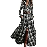 Plaid Maxi Dress for Women Vintage Long Sleeve V Neck Button Down Flowy Christmas Checkered Ruffle Maxi Shirt Dresses