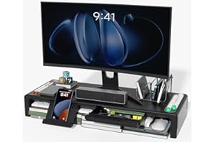OImaster Monitor Stand Riser, Foldable Computer Monitor Riser, Adjustable Length Computer Stand and Storage Drawer & Pen Slot, Phone Stand Compatible Computer, Desktop, Laptop, Save Space (Black)