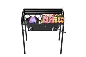 RIEDHOFF Portable Double Burner Stove, 31"x16" Heavy Duty Outdoor Dual Propane with Windscreen and Detachable Legs Stand for Camp Cooking, Large