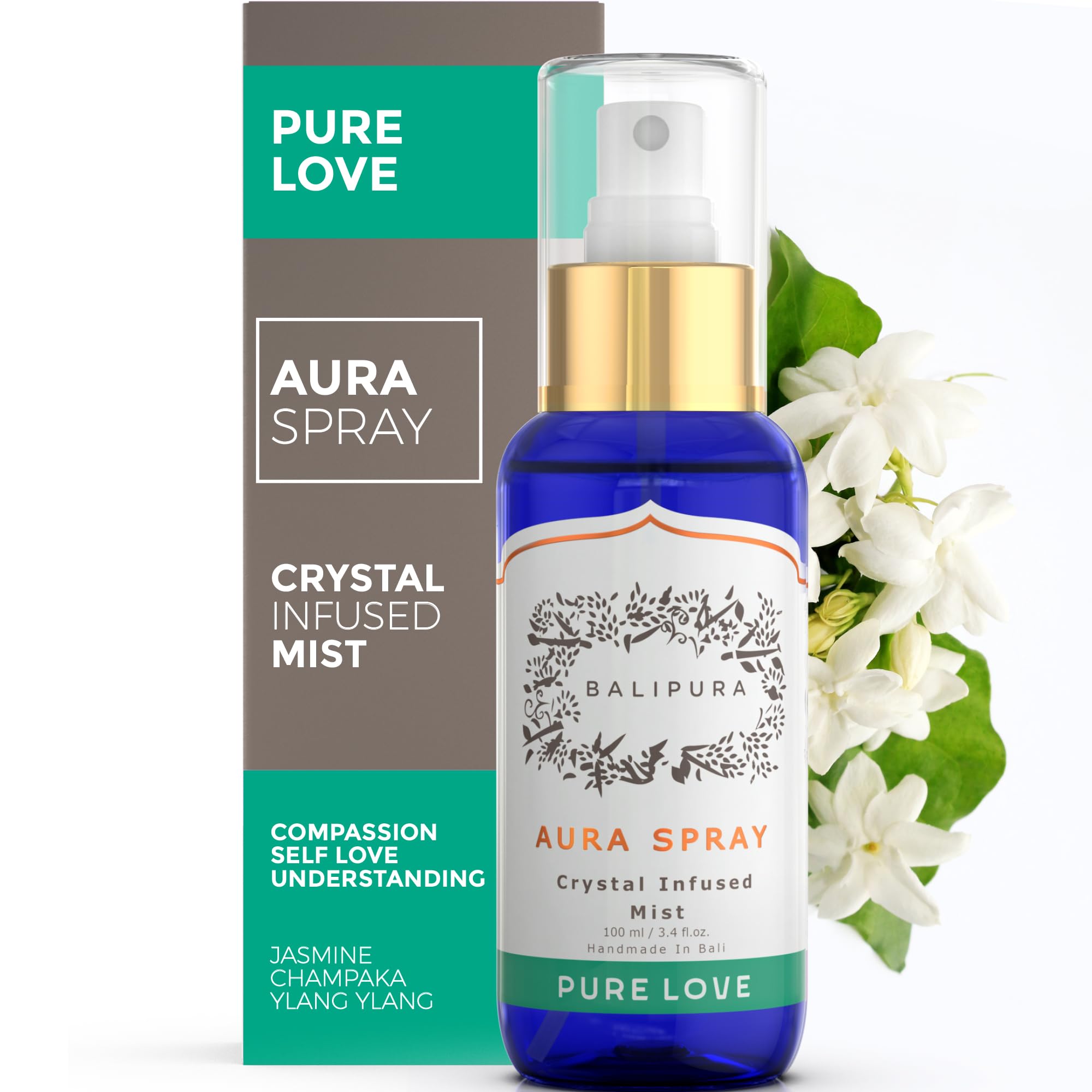 BALIPURA - Aura Chakra Spray Gift for Women - Pure Love Spray Crystal Infused Mist with Rose Quartz, Jade, Aventurine & Amazonite - Cleansing & Healing Energy - 3.4 fl.oz