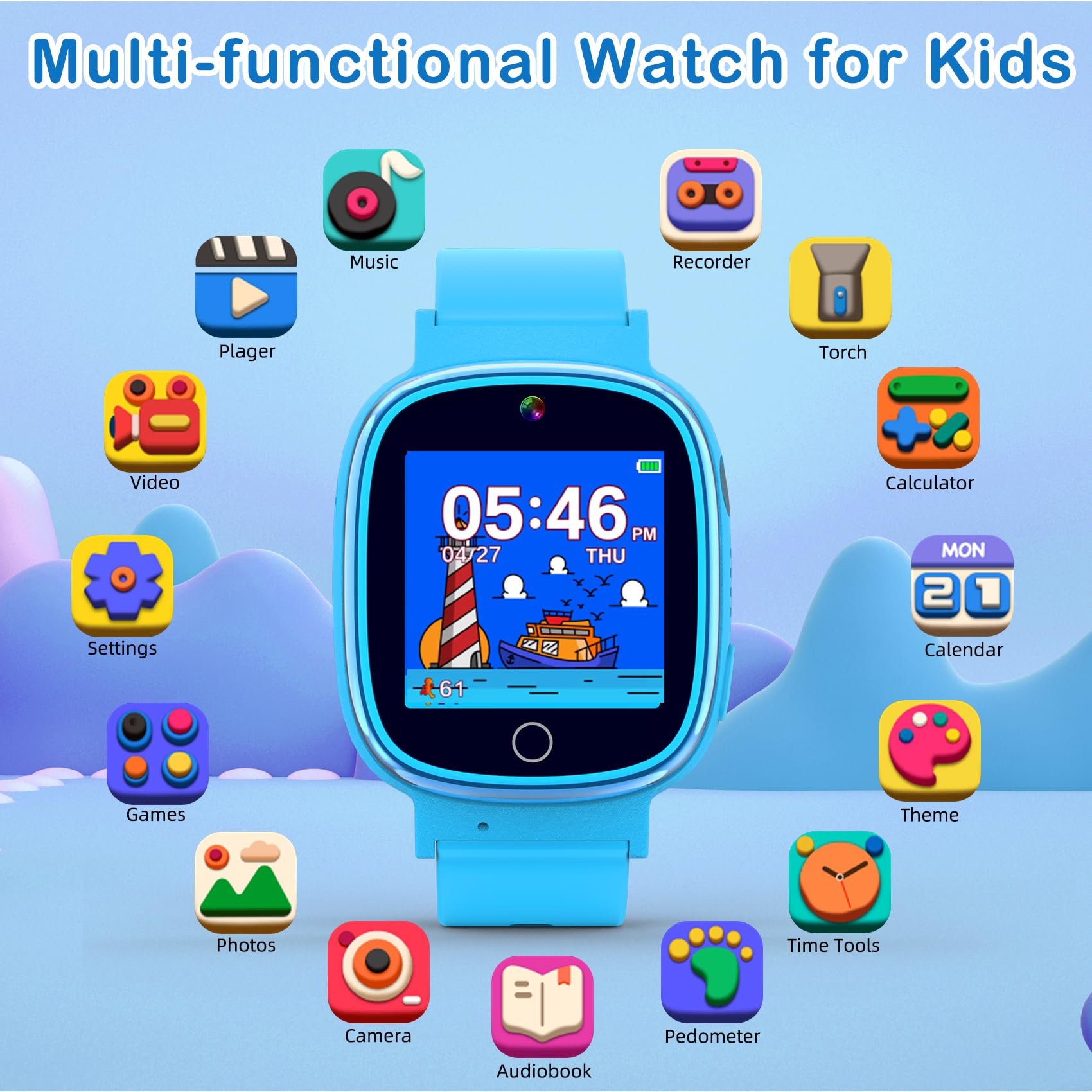 Kids Watch with 24 Puzzle Games, HD Touch Screen Smart Watches for Kids with Camera Video Music Player Pedometer Flashlight Alarm, 12/24hr Watch for Boys, for Boys 3-12, Blue