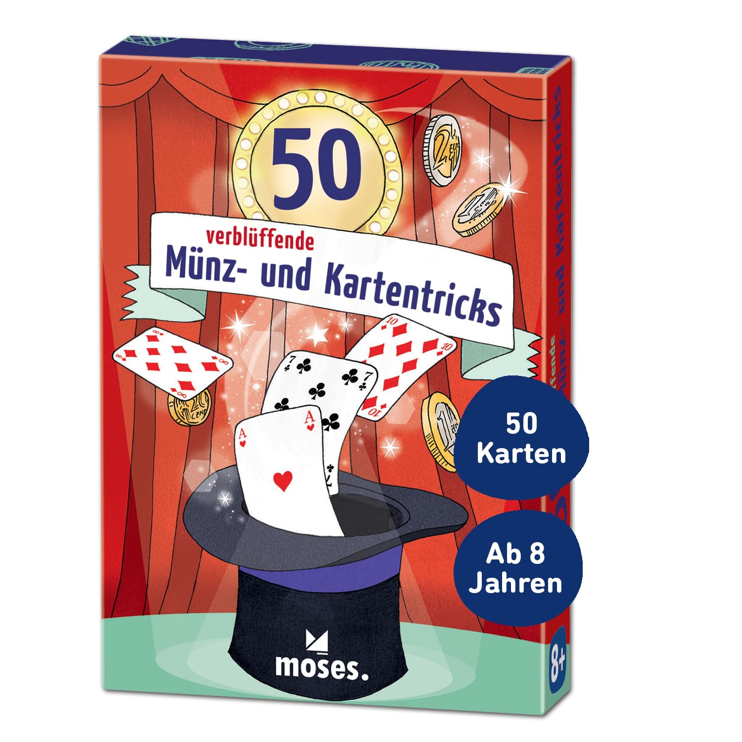 moses. Verlag GmbH 30244 50 Amazing Coin and Card Tricks | Children's Activity | Card Set Colourful