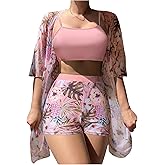 SHENHE Women's Tropical Bikini Set High Waisted Boyshorts 3 Piece Swimsuits with Kimono Cover Up