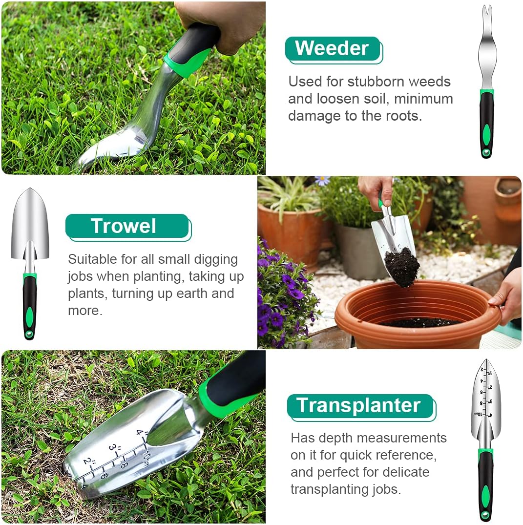 82 Pcs Garden Tools Set, Extra Succulent Tools Set, Heavy Duty Gardening Tools Aluminum with Soft Rubberized Non-Slip Handle Tools, Durable Storage Tote Bag, Gifts for Men (Green) : Garden & Outdoor