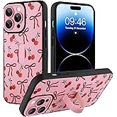 Ufbara Compatible with iPhone 14 Pro Max Case for Women Girls, Cute Cherry Bow Ribbon Bowknot Pattern, Built in Adjustable Wrist Strap Grip Hand Holder Shockproof Kickstand Cover (Pink)