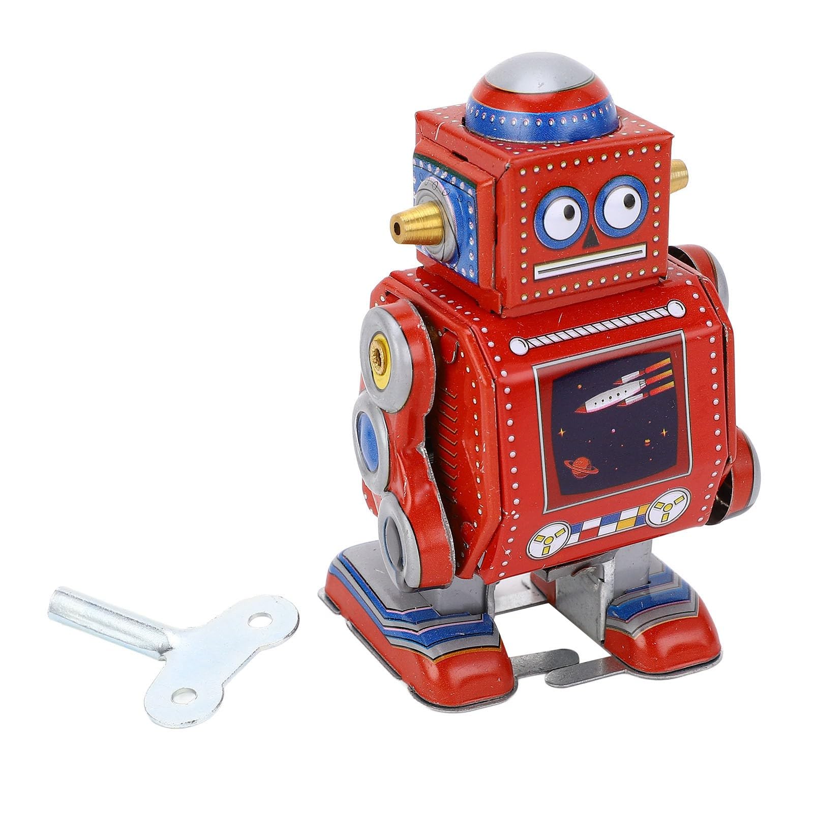 Tbest Wind Up Robot, Vintage Metal Tin Drumming Robot Clockwork Toy Interesting Wind Up Iron Toy for Cafe Bar Restaurant (Red)