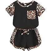 YOUNGER TREE Toddler Infant Baby Girls Summer Outfits Leopard Print Short Sleeve Pocket T-Shirt Tops Pants Clothes Sets