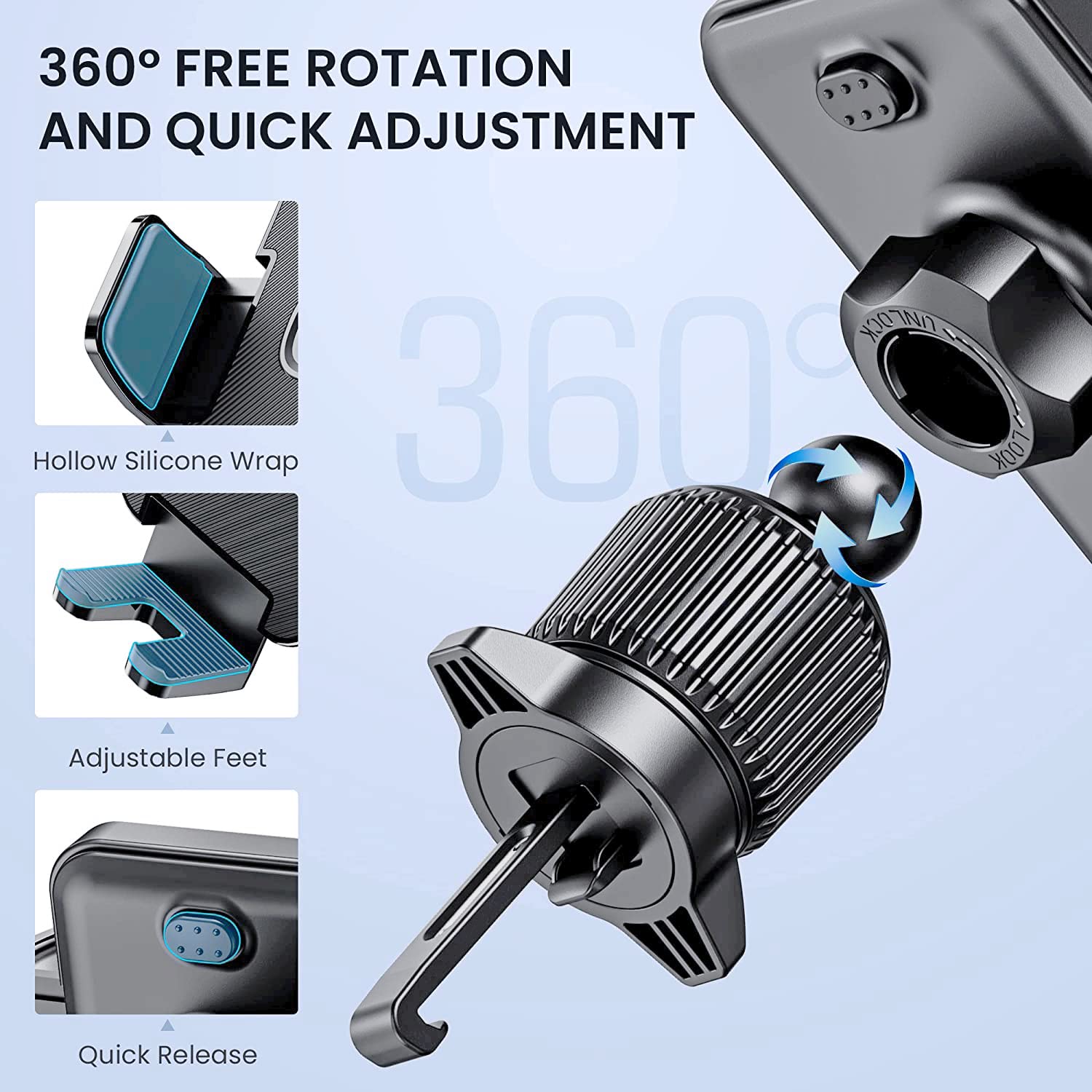 CINDRO Mobile Phone Holder Car, [Upgrade Military Class Hook Clip] Mobile Phone Holder 360° Rotatable Ventilation Car Mobile Phone Holder One Button Release Car Holder Mobile Phone for iPhone Android
