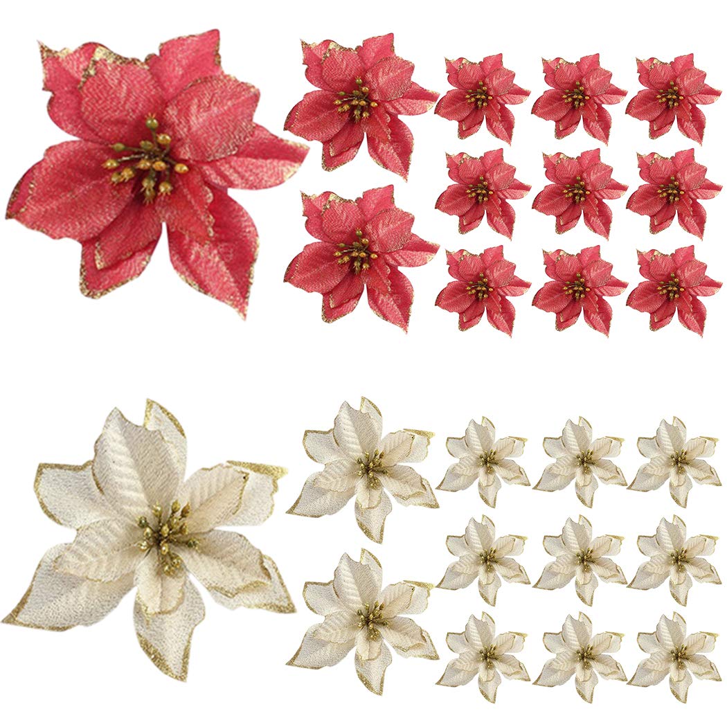 Bageek Christmas Tree Ornaments Sets 104PCS Christmas Tree Decorations and Hanging Ornaments Poinsettias Artificial for Christmas Tree