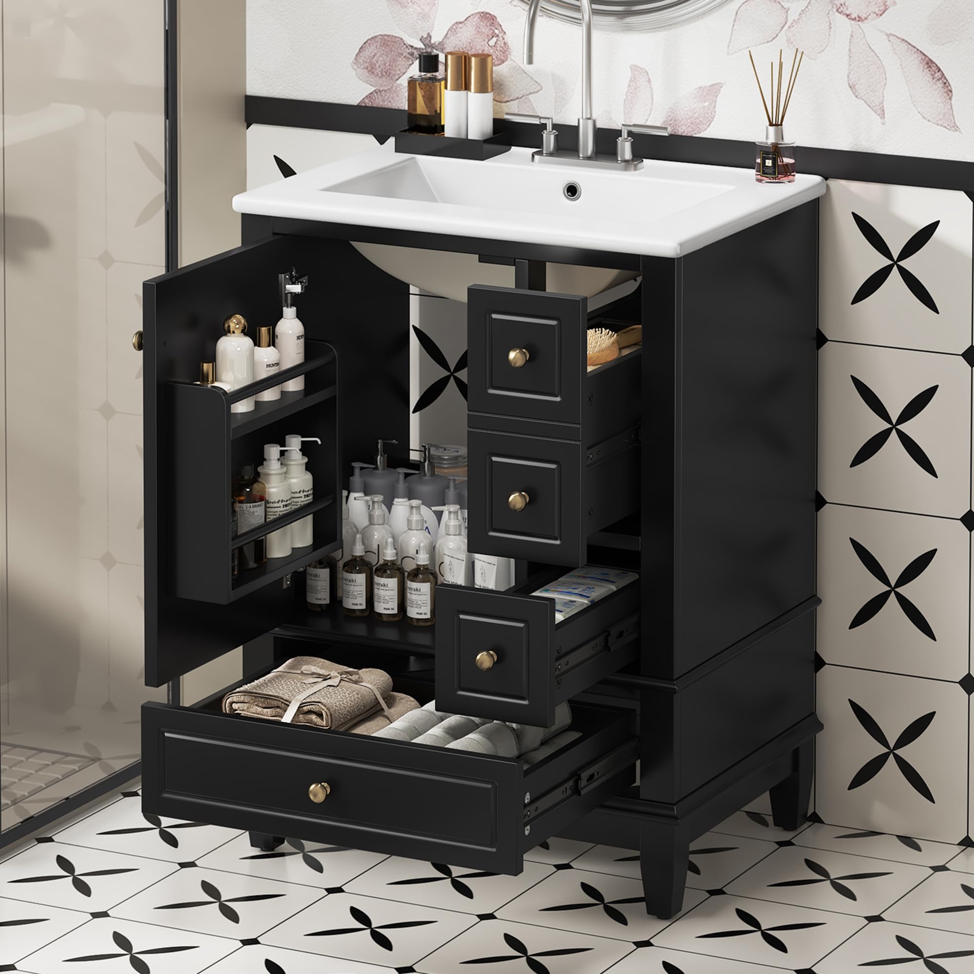 Photo 1 of 24 Inch Bathroom Vanity with Sink, Freestanding Bathroom Sink Cabinet with 3 Drawers and Storage Door Rack Organizer, Solid Wood Legs, Black