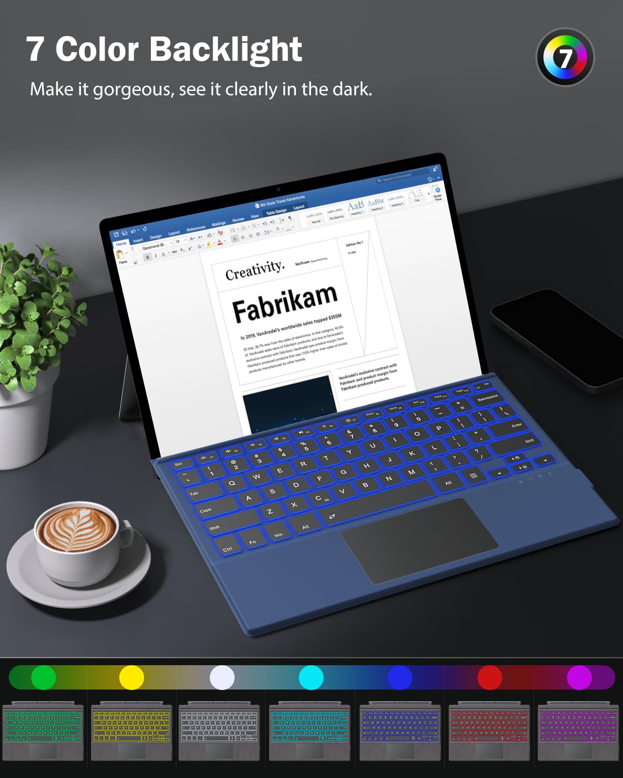 MoKo Type Cover Fit Microsoft Surface Pro 7 Plus/Pro 7/ Pro 6/ Pro 5/Pro 4/3, Ultra-Slim Wireless Bluetooth Tablet Keyboard with Trackpad, 7-Color LED Backlit, Built-in Rechargeable Battery, Indigo